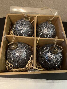 Pottery Barn Set of 4 German Glitter Round Blue Christmas Tree Ornaments